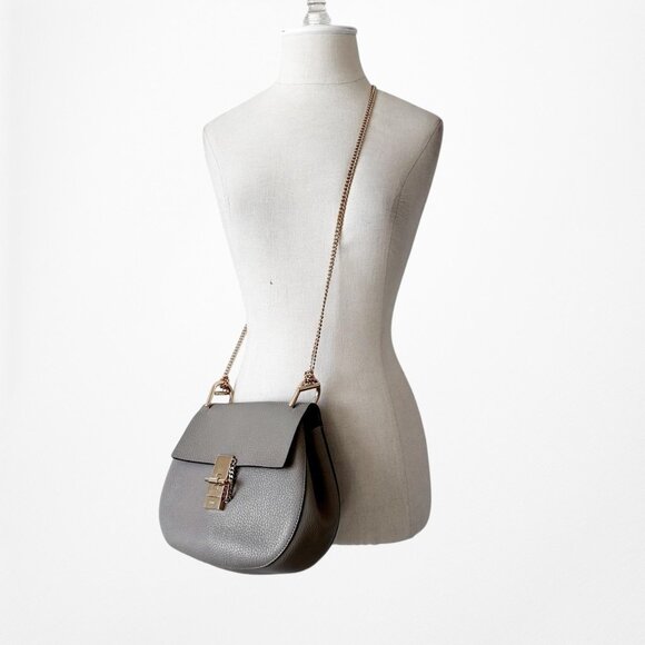 Chloe Drew Gray Gold Hardware Saddle Round Medium Size Leather Crossbody Bag - Picture 3 of 6